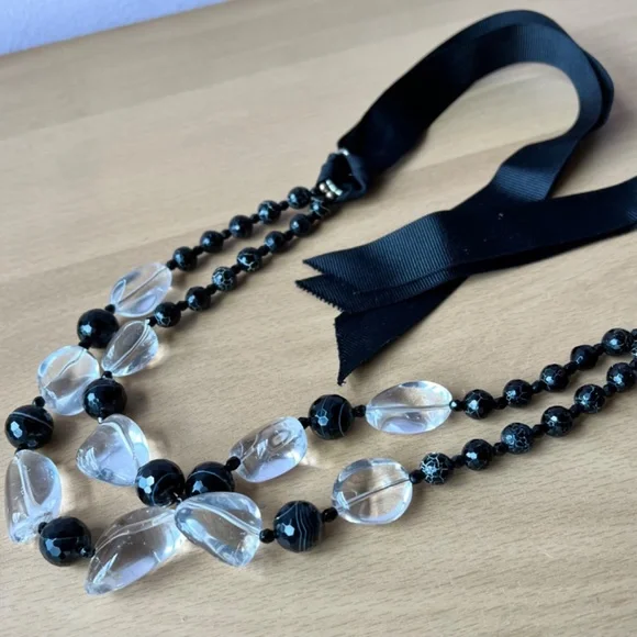 HUGE VINTAGE ROCK CRYSTAL & BANDED AGATE FACETED BEADS LONG CUSTOM MADE NECKLACE
